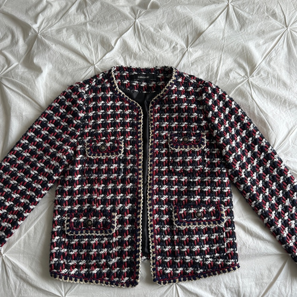 Zara Navy, Red & White Tweed Cropped Blazer - Picture 6 of 8